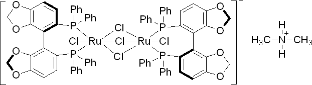 二甲基铵二氯三(μ-氯)二[(R)-(+)-5,5'-二(二苯基膦基)-4,4'-联-1,3-苯并二噁唑]二钌酸(II)结构式