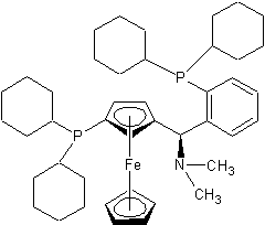 (1S)-二环己基膦基-2-[ (R)-α-(N,N-二甲氨基)-邻二环己基膦苯基)甲基]二戊铁结构式