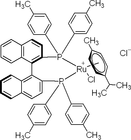 氯[(R)-(+)-2,2'-二(二对苯甲基膦)-1,1'-联萘](p-伞花素)氯化钌(II)结构式