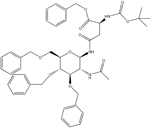 ω-(2-乙酰氨基-3,4,6-三苯基-2-脱氧-β-D-吡喃葡糖基)-α-Boc-L-天冬酰胺苄酯结构式
