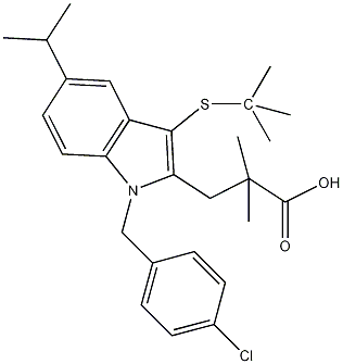 3-[1-(4-氯苄基)-3-叔丁基硫代-5-异丙基吲哚-2-基]-2,2-二甲基丙酸结构式