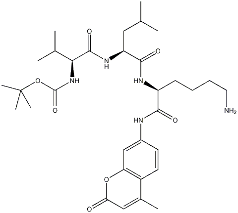 丁氧羰基-缬氨酰-亮氨酰-赖氨酸-7-氨基-4-甲基香豆素结构式