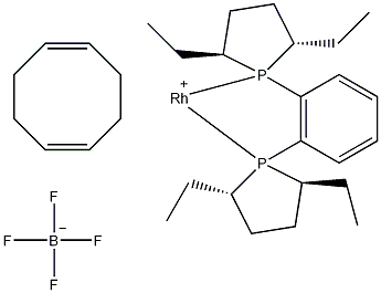 (+)-1,2-二((2S,5S)-2,5-二乙基磷杂唑基桥)苯(环辛二烯)铑(I)四氟硼酸结构式