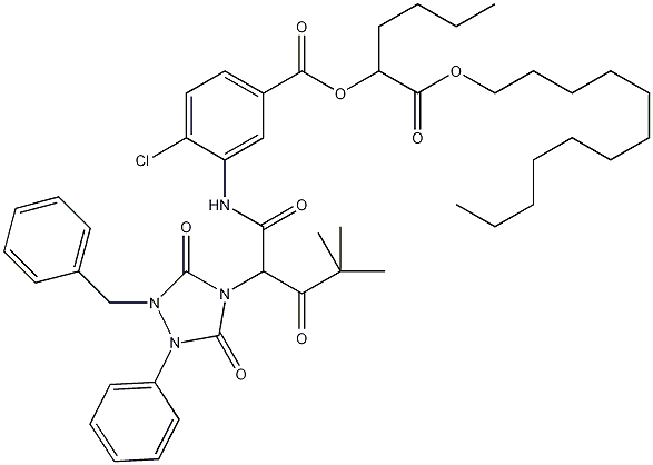 4-氯-3-[2-[3,5-二氧代-1-苯基-2-苄基-1,2,4-三唑烷-4-基]-4,4-二甲基-1,3-二氧代戊氨基]苯甲酸(1-十二烷氧羰基)戊酯结构式