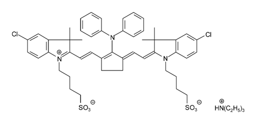 5-氯-2-[2-(3-[2-[5-氯-3,3-二甲基-1-(4-硫代丁基)-1,3-二氢-吲哚-2-亚基]-亚乙基]-2-二苯基氨基-环戊-1- 烯基)-乙烯基]-3,3-二甲基-1-(4-硫代丁基)-3H-吲哚鎓氢氧化物,内盐,三乙基铵盐结构式