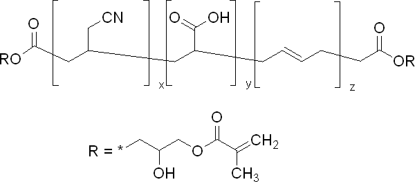 聚(丙烯腈-co-丁二烯-co-败脂酸), 二羧基封端, 甲丙烯酰酸缩水甘油酯二酯结构式