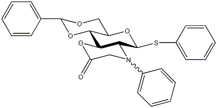 N-苄基-2-氨基-4,6-邻苯亚甲基-2-N,3-邻羰基-2-脱氧-1-硫代-β-D-吡喃葡萄糖苷苯酯结构式