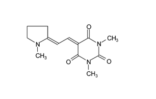 1,3-二甲基-5-[2-(1-甲基-吡咯烷-2-亚基)-亚乙基]-嘧啶-2,4,6-三酮结构式