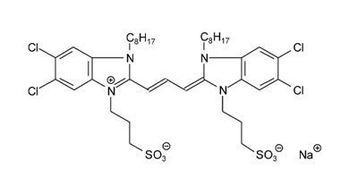 5,6-二氯-2-[3-[5,6-二氯-1-辛基-3-(2-硫代丙基)-苯并咪唑-2-亚基]-丙烯基]-1-辛基-3-(2-硫代丙基)- 苯并咪唑鎓氢氧化物,内盐,钠盐结构式