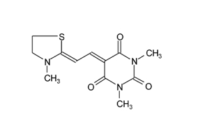 1,3-二甲基-5-[2-(3-甲基-噻唑-2-亚基)-亚乙基]-嘧啶-2,4,6-三酮结构式
