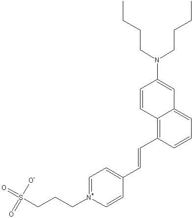 氢氧化4-(2-(6-(二丁基氨基)-2-萘基)乙烯基)-1-(3-硫代丙基)吡啶正离子内盐结构式