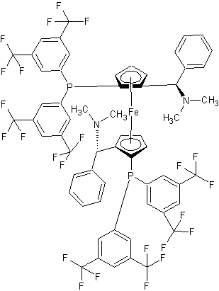 (αR,αR)-2,2′-双(α-N,N-二甲氨基苯甲基)-(S,S)-1,1′-双(二(双-(3,5-三氟甲基)-苯基膦)二茂铁结构式