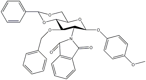 4-甲氧苯基3-O-苄基-4,6-O-苯亚甲基-2-脱氧-2-苯二甲酰亚氨基-β-D-吡喃葡萄糖苷结构式