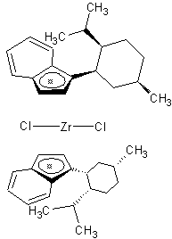 (+)-双[1-{(1'R,2'R,5'R)-2'-i-丙基-5'-甲基环己基}茚基]二氯化锆(IV)结构式
