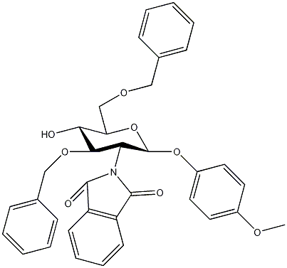 4-甲氧苯基3,6-二-O-苄基-2-脱氧-2-苯二甲酰亚氨基-β-D-吡喃葡萄糖苷结构式