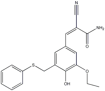 α-氰基-(3-乙氧基-4-羟基-5-苯基硫代甲基)肉桂酰胺结构式