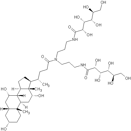 (3a,5b,7a,12a)-N,N-双[3-(D-葡萄糖酰氨基)丙基]-3,7,12-三羟基胆甾烷-24-胺结构式