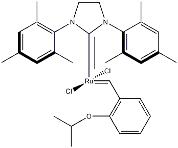 (1,3-双-(2,4,6-三甲基苯基)-2-咪唑烷亚基)二氯(邻异丙氧基苯亚甲基)合钌结构式