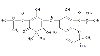 4-[[5,7-二羟基-2,2-二甲基-8-(2-甲基丙酰基)苯并吡喃-6-基]甲基]-3,5-二羟基-6,6-二甲基-2-(2-甲基丙酰基)环氧己-2,4-二烯- 1-酮结构式